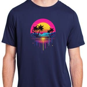 Retro 1980s Palm Tree Sunset Sunrise Pain Drip Adult ChromaSoft Performance T-Shirt