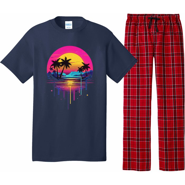 Retro 1980s Palm Tree Sunset Sunrise Pain Drip Pajama Set