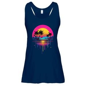 Retro 1980s Palm Tree Sunset Sunrise Pain Drip Ladies Essential Flowy Tank