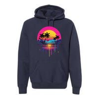 Retro 1980s Palm Tree Sunset Sunrise Pain Drip Premium Hoodie