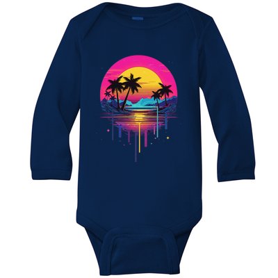 Retro 1980s Palm Tree Sunset Sunrise Pain Drip Baby Long Sleeve Bodysuit