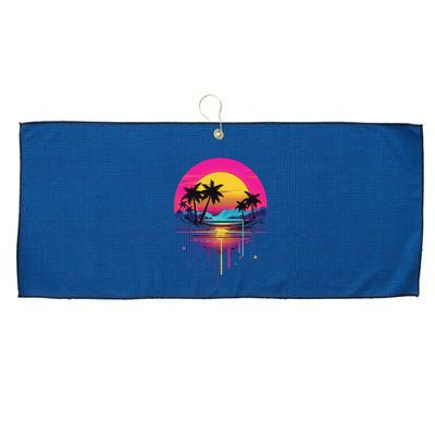 Retro 1980s Palm Tree Sunset Sunrise Pain Drip Large Microfiber Waffle Golf Towel