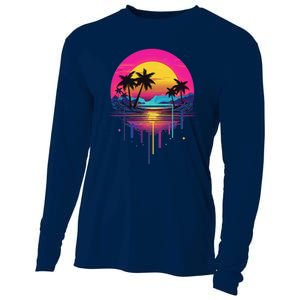 Retro 1980s Palm Tree Sunset Sunrise Pain Drip Cooling Performance Long Sleeve Crew