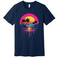 Retro 1980s Palm Tree Sunset Sunrise Pain Drip Premium T-Shirt