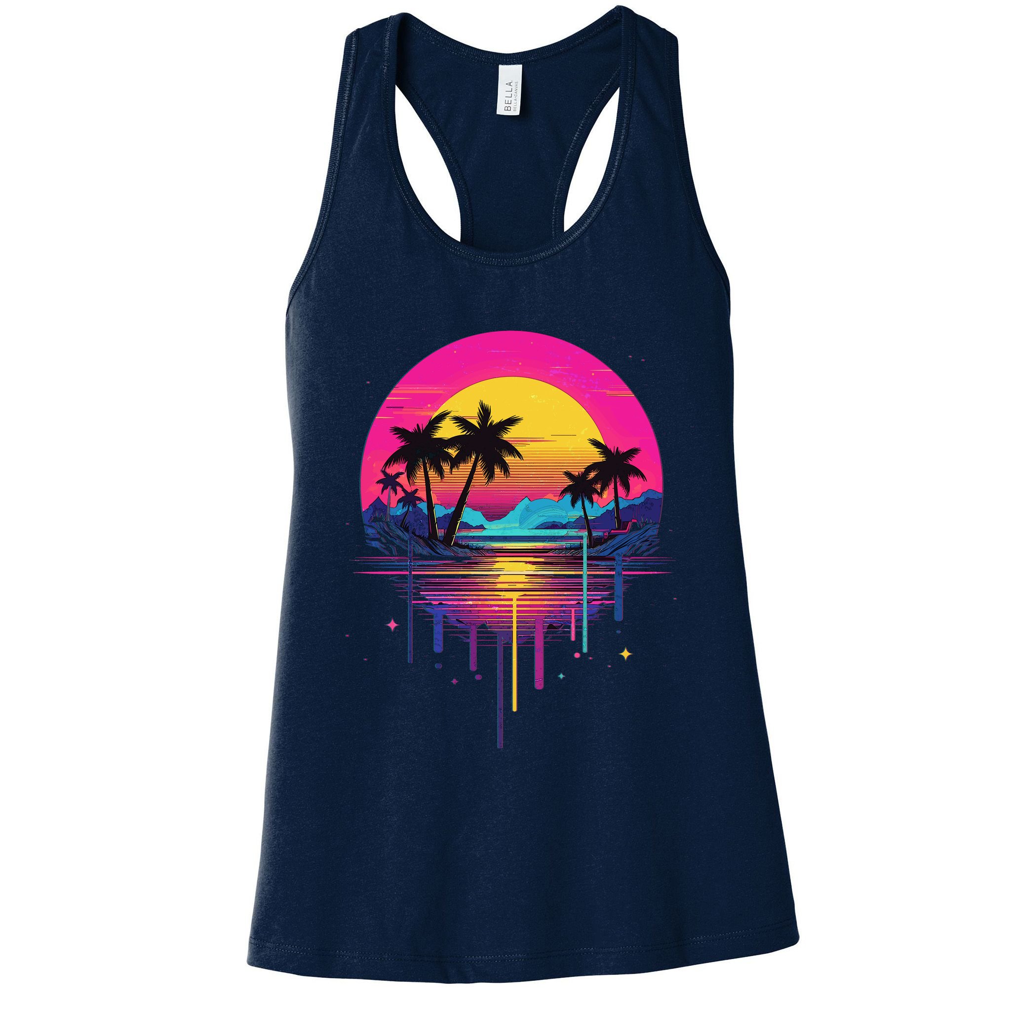 Retro 1980s Palm Tree Sunset Sunrise Pain Drip Womens Tank Top