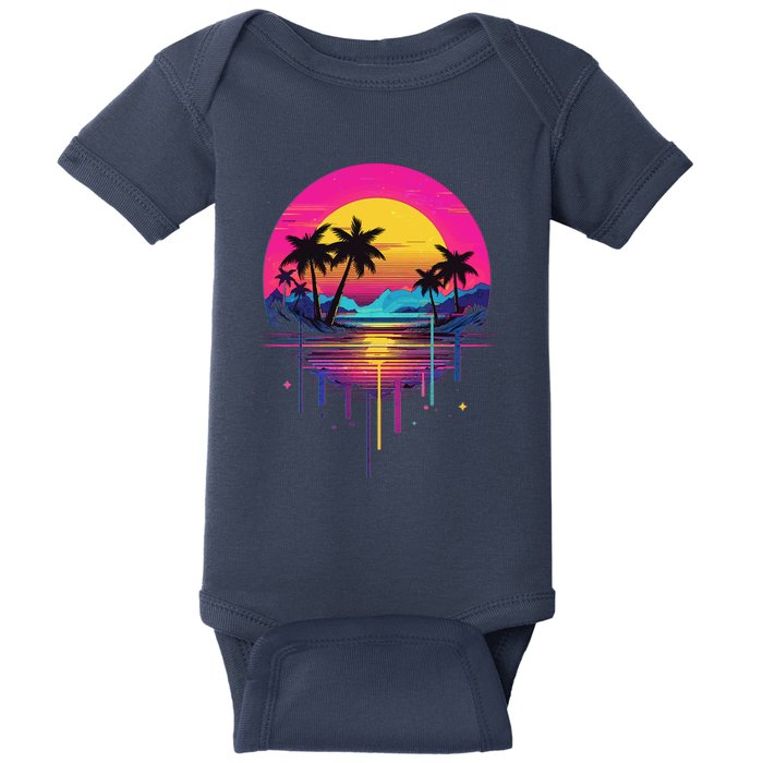 Retro 1980s Palm Tree Sunset Sunrise Pain Drip Baby Bodysuit