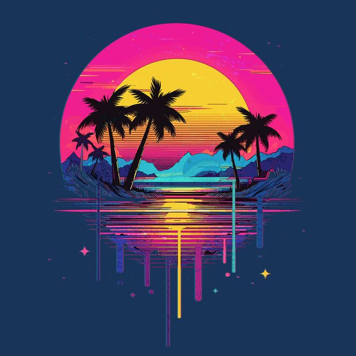 Retro 1980s Palm Tree Sunset Sunrise Pain Drip Baby Bodysuit
