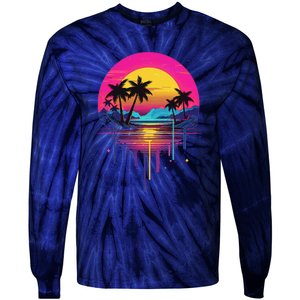 Retro 1980s Palm Tree Sunset Sunrise Pain Drip Tie-Dye Long Sleeve Shirt