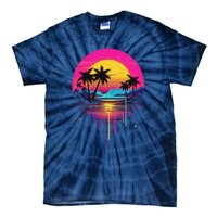 Retro 1980s Palm Tree Sunset Sunrise Pain Drip Tie-Dye T-Shirt