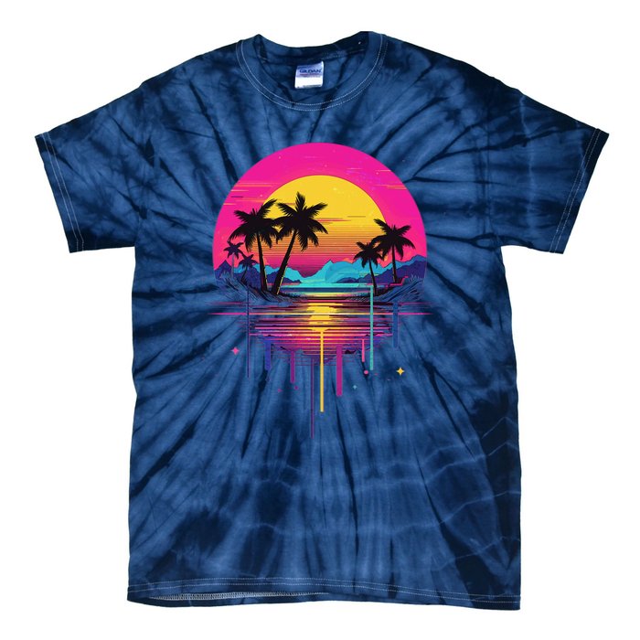 Retro 1980s Palm Tree Sunset Sunrise Pain Drip Tie-Dye T-Shirt