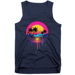 Retro 1980s Palm Tree Sunset Sunrise Pain Drip Tank Top