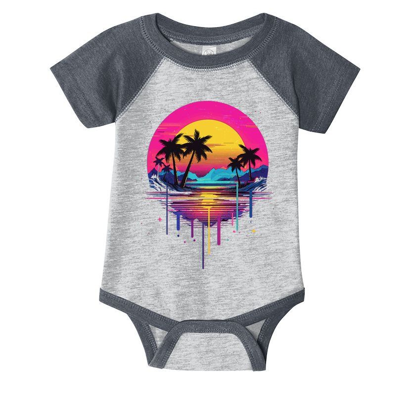 Retro 1980s Palm Tree Sunset Sunrise Pain Drip Infant Baby Jersey Bodysuit