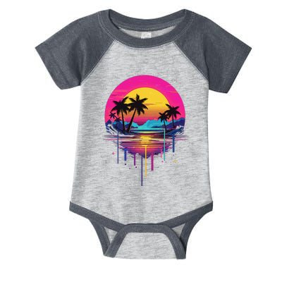 Retro 1980s Palm Tree Sunset Sunrise Pain Drip Infant Baby Jersey Bodysuit