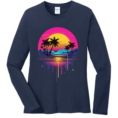 Retro 1980s Palm Tree Sunset Sunrise Pain Drip Ladies Long Sleeve Shirt