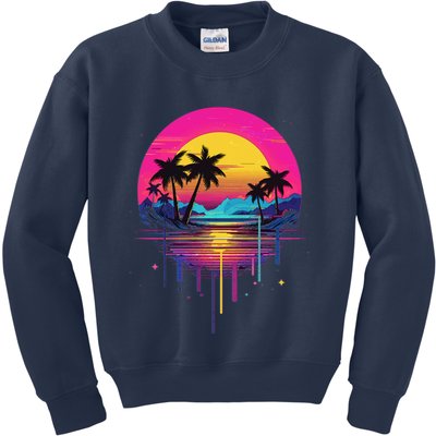 Retro 1980s Palm Tree Sunset Sunrise Pain Drip Kids Sweatshirt