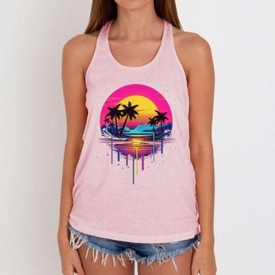 Retro 1980s Palm Tree Sunset Sunrise Pain Drip Women's Knotted Racerback Tank