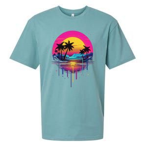 Retro 1980s Palm Tree Sunset Sunrise Pain Drip Sueded Cloud Jersey T-Shirt