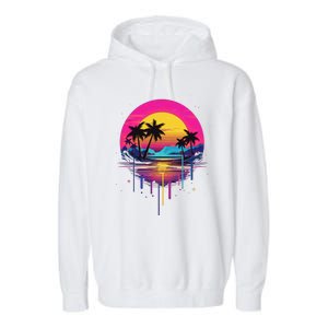 Retro 1980s Palm Tree Sunset Sunrise Pain Drip Garment-Dyed Fleece Hoodie