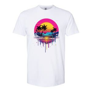 Retro 1980s Palm Tree Sunset Sunrise Pain Drip Softstyle CVC T-Shirt