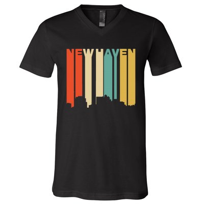 Retro 1970S Style New Haven Connecticut Skyline V-Neck T-Shirt