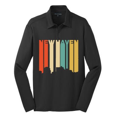 Retro 1970S Style New Haven Connecticut Skyline Silk Touch Performance Long Sleeve Polo