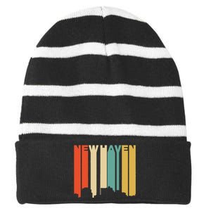 Retro 1970S Style New Haven Connecticut Skyline Striped Beanie with Solid Band