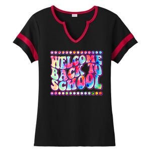 Retro 1960s Tie Dye Welcome Back To School Ladies Halftime Notch Neck Tee