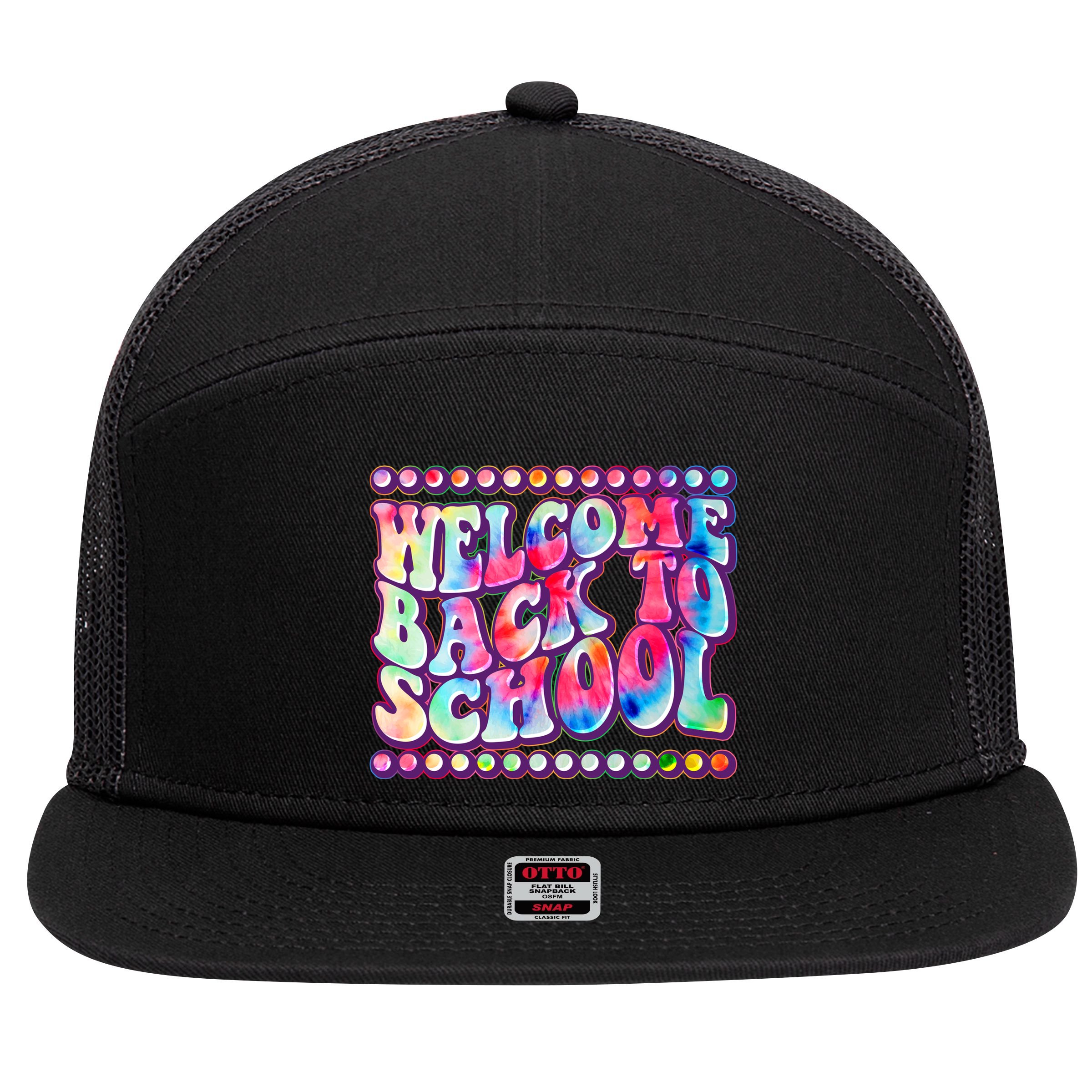 Retro 1960s Tie Dye Welcome Back To School 7 Panel Mesh Trucker Snapback Hat