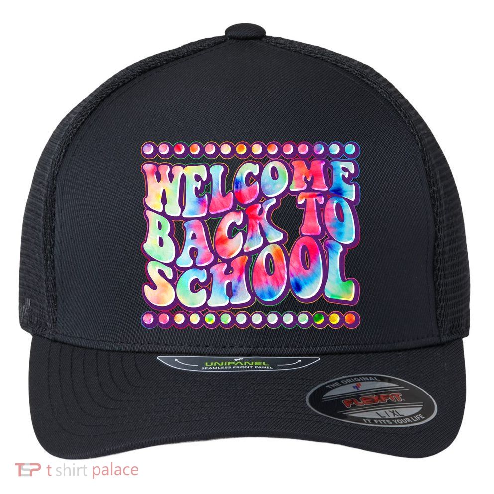 Retro 1960s Tie Dye Welcome Back To School Flexfit Unipanel Trucker Cap
