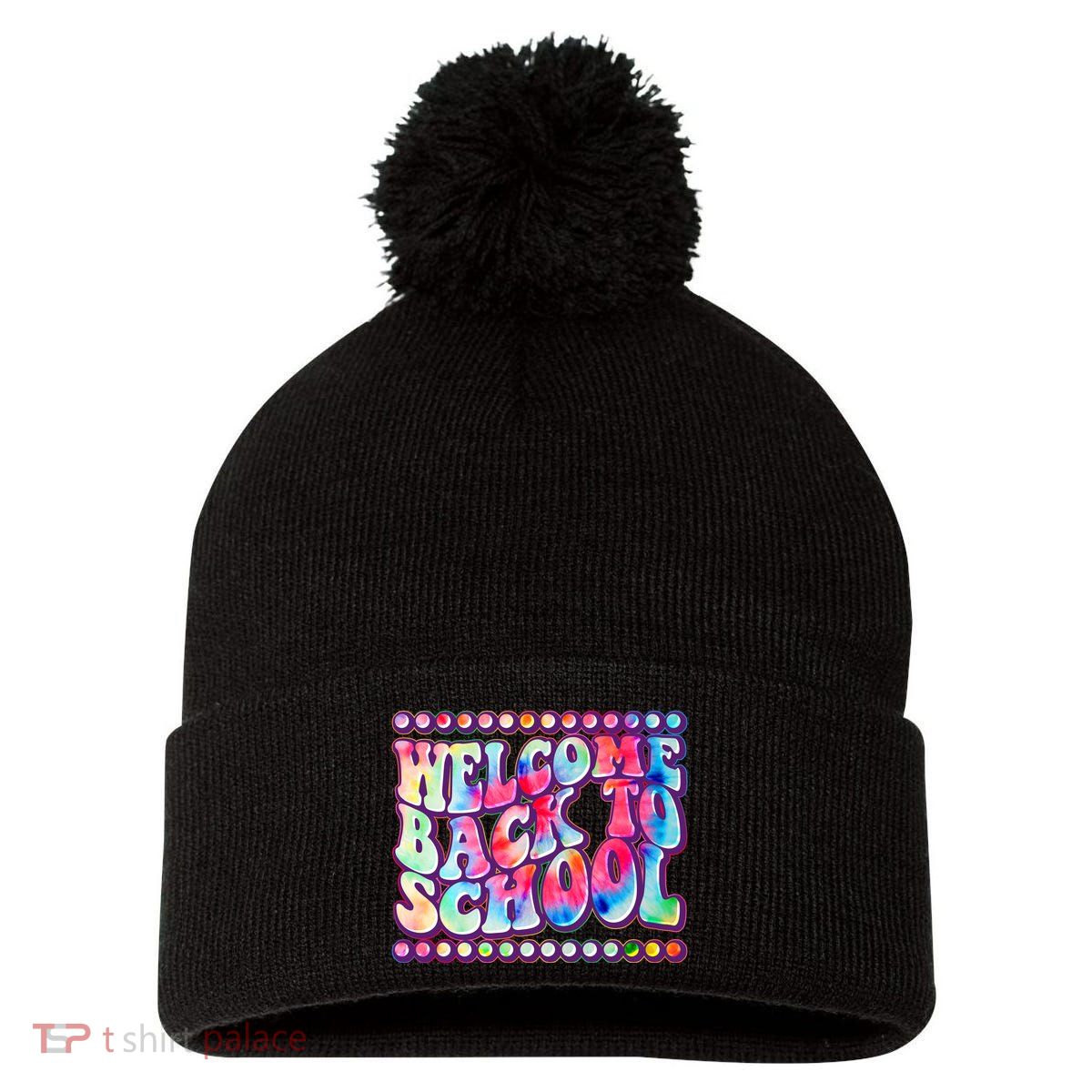 Retro 1960s Tie Dye Welcome Back To School Pom Pom 12in Knit Beanie