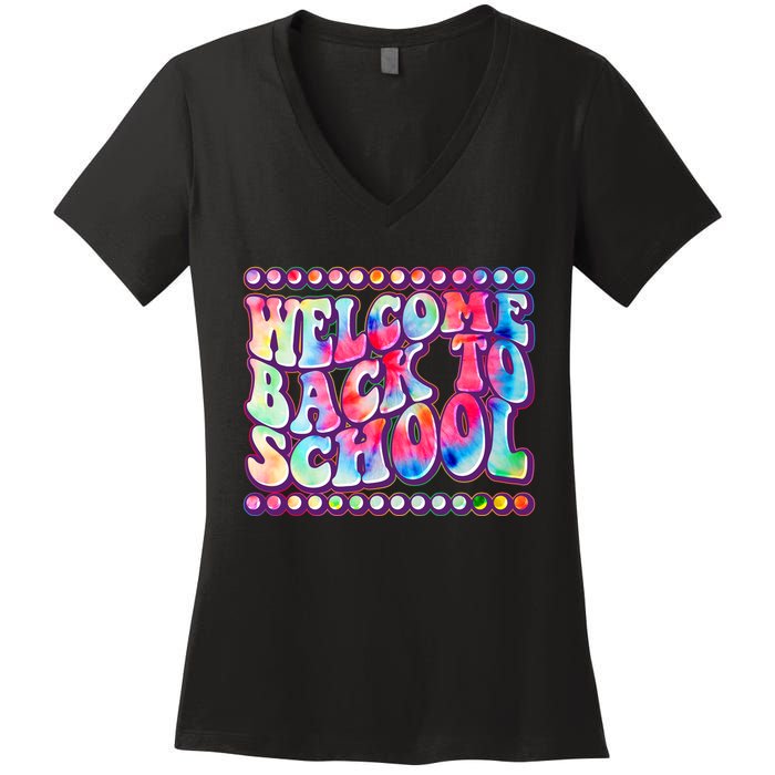 Retro 1960s Tie Dye Welcome Back To School Women's V-Neck T-Shirt