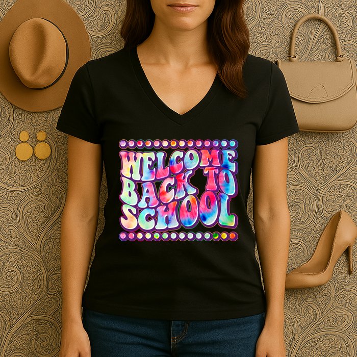 Retro 1960s Tie Dye Welcome Back To School Women's V-Neck T-Shirt