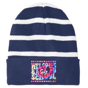 Retro 1960s Tie Dye Welcome Back To School Striped Beanie with Solid Band