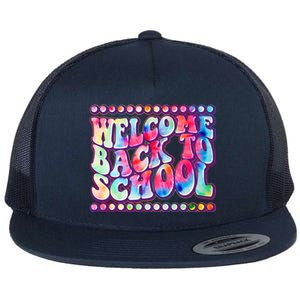 Retro 1960s Tie Dye Welcome Back To School Flat Bill Trucker Hat