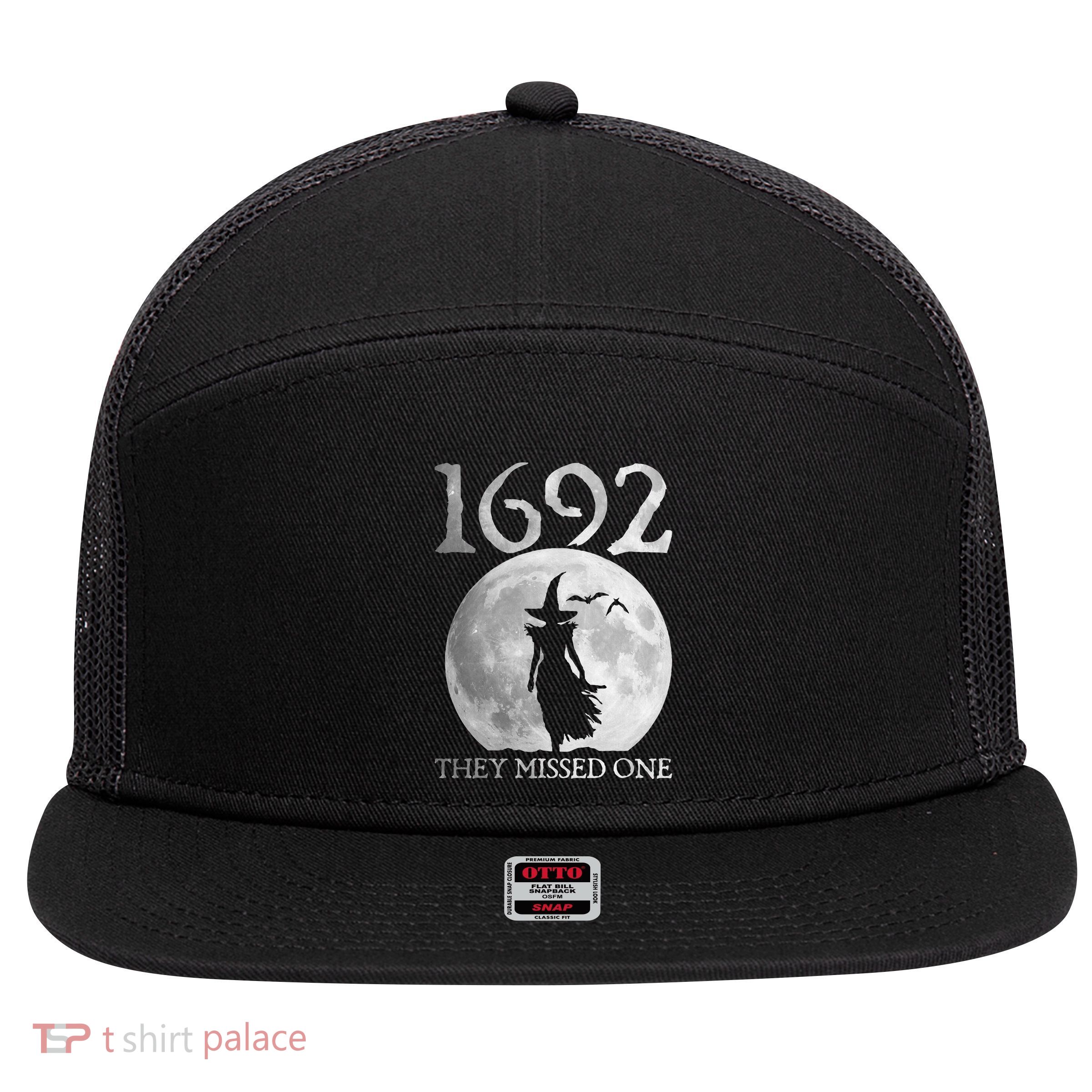 Retro 1692 They Missed One Witch Salem 1692 Halloween Witch 7 Panel Mesh Trucker Snapback Hat