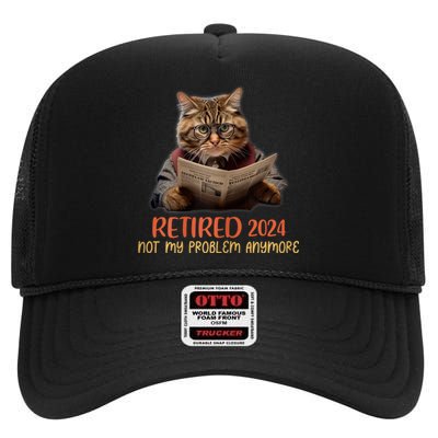 Retired 2024 Not My Problem Anymore Funny Reading Cat Lover High Crown Mesh Back Trucker Hat