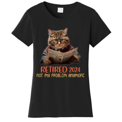 Retired 2024 Not My Problem Anymore Funny Reading Cat Lover Women's T-Shirt