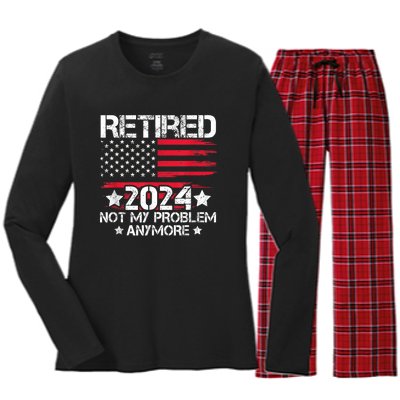 Retired 2024 Not My Problem Anymore Retirement American Flag Women's Long Sleeve Flannel Pajama Set 