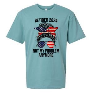 Retirement 2024 Women Retired 2024 Not My Problem Anymore Messy Bun Us Flag Sueded Cloud Jersey T-Shirt