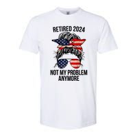 Retirement 2024 Women Retired 2024 Not My Problem Anymore Messy Bun Us Flag Softstyle CVC T-Shirt