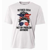 Retirement 2024 Women Retired 2024 Not My Problem Anymore Messy Bun Us Flag Cooling Performance Crew T-Shirt