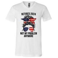 Retirement 2024 Women Retired 2024 Not My Problem Anymore Messy Bun Us Flag V-Neck T-Shirt