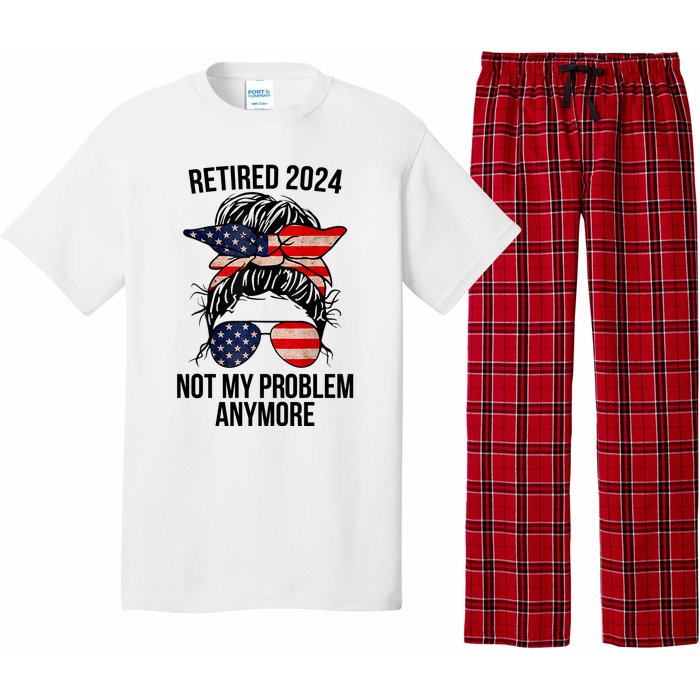 Retirement 2024 Women Retired 2024 Not My Problem Anymore Messy Bun Us Flag Pajama Set