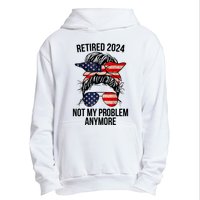 Retirement 2024 Women Retired 2024 Not My Problem Anymore Messy Bun Us Flag Urban Pullover Hoodie