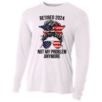 Retirement 2024 Women Retired 2024 Not My Problem Anymore Messy Bun Us Flag Cooling Performance Long Sleeve Crew