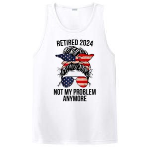 Retirement 2024 Women Retired 2024 Not My Problem Anymore Messy Bun Us Flag PosiCharge Competitor Tank