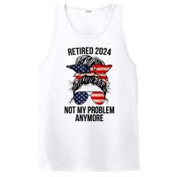 Retirement 2024 Women Retired 2024 Not My Problem Anymore Messy Bun Us Flag PosiCharge Competitor Tank