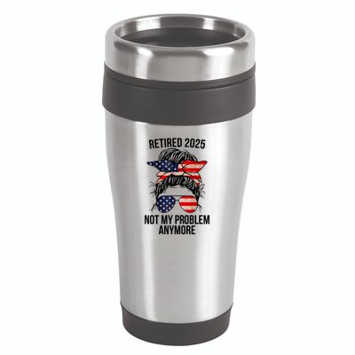 Retirement 2025 Women Retired 2025 Not My Problem Anymore Messy Bun Us Flag 16oz Travel Tumbler
