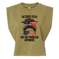 Retirement 2025 Women Retired 2025 Not My Problem Anymore Messy Bun Us Flag Garment-Dyed Women's Muscle Tee