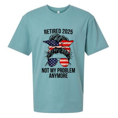 Retirement 2025 Women Retired 2025 Not My Problem Anymore Messy Bun Us Flag Sueded Cloud Jersey T-Shirt